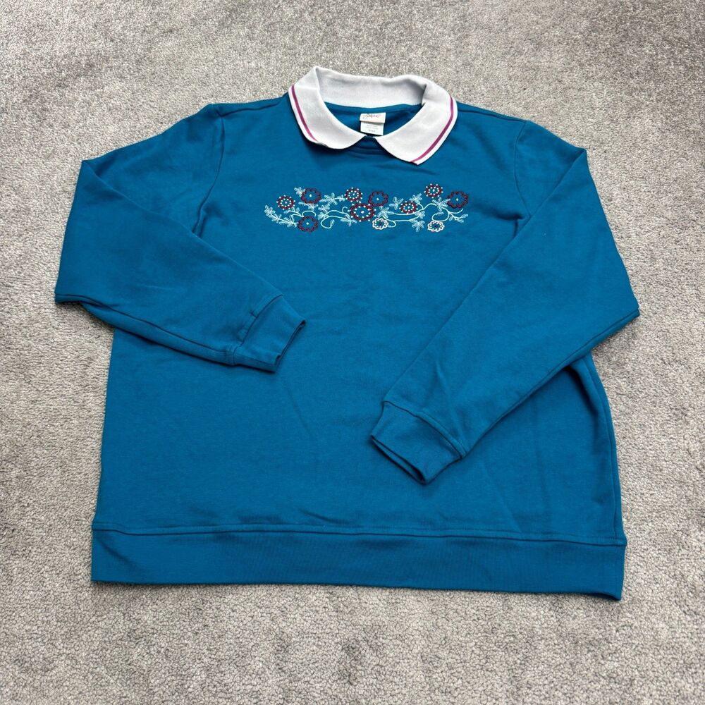 Adrian Delafield Embroidered Collared Pullover Sweatshirt Womens Large Blue